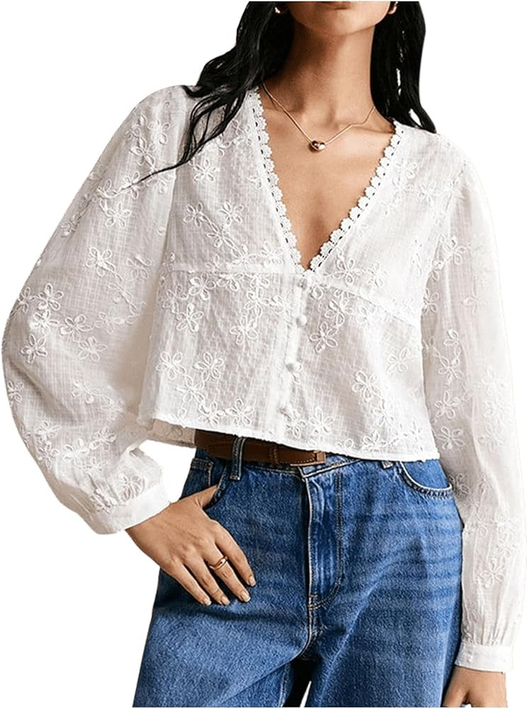 SHENHE Women's Floral Embroidered Long Sleeve Button Crop Blouse Sheer Dressy Top Shirt | Amazon (US)
