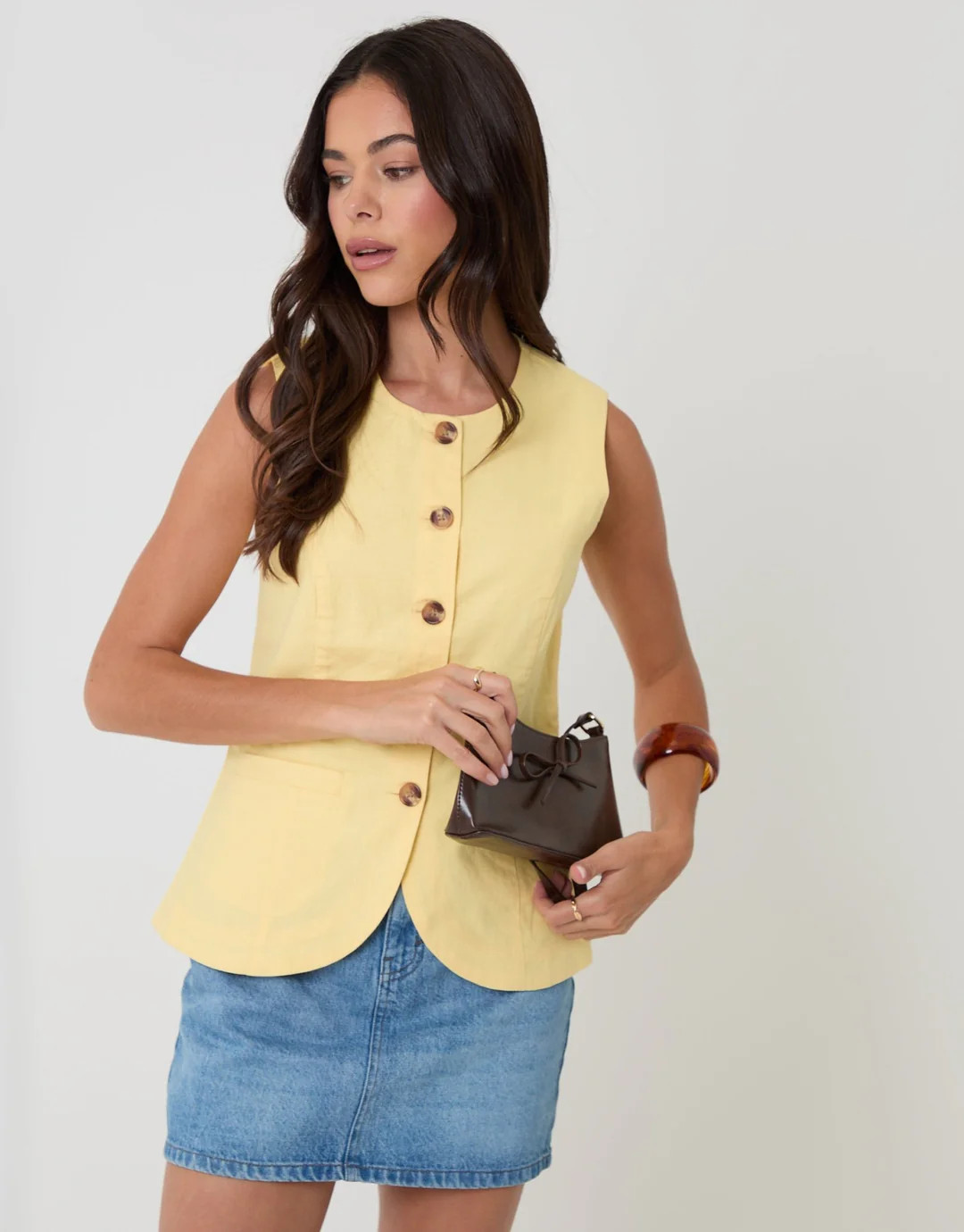 Linen Blend Longline Waistcoat in Yellow | Threadbare UK