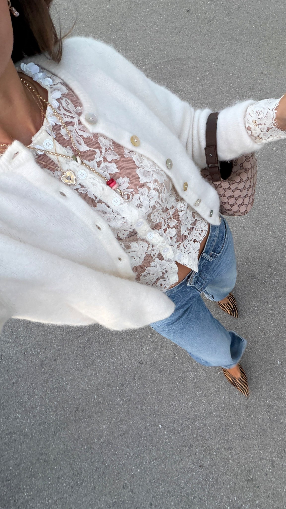 Wore to dinner! XS in lace top, small cardigan, 25 petite jeans. My sweater is the Vitow cardigan from American vintage but Jcrew one is the same fit/shape!