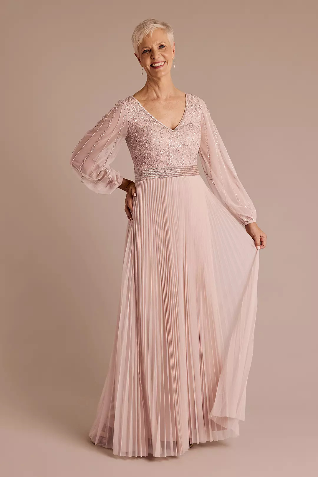 Beaded Blouson Sleeve Pleated A-Line Dress | David's Bridal | David's Bridal