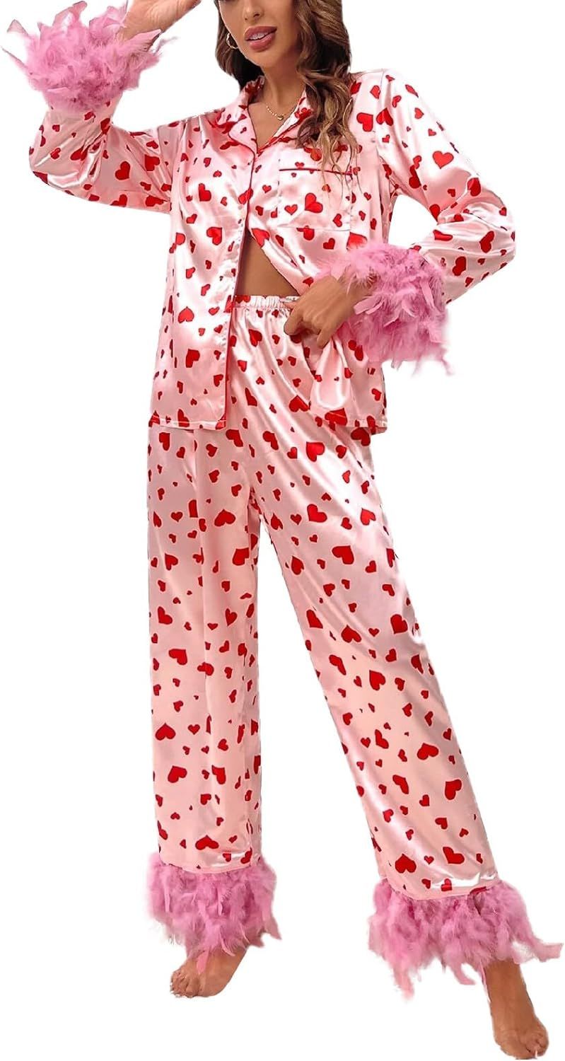 Women's Sleepwear 2 Piece Fuzzy Trim Pajamas Sets Heart Print Button Down Long Sleeve and Pants S... | Amazon (US)