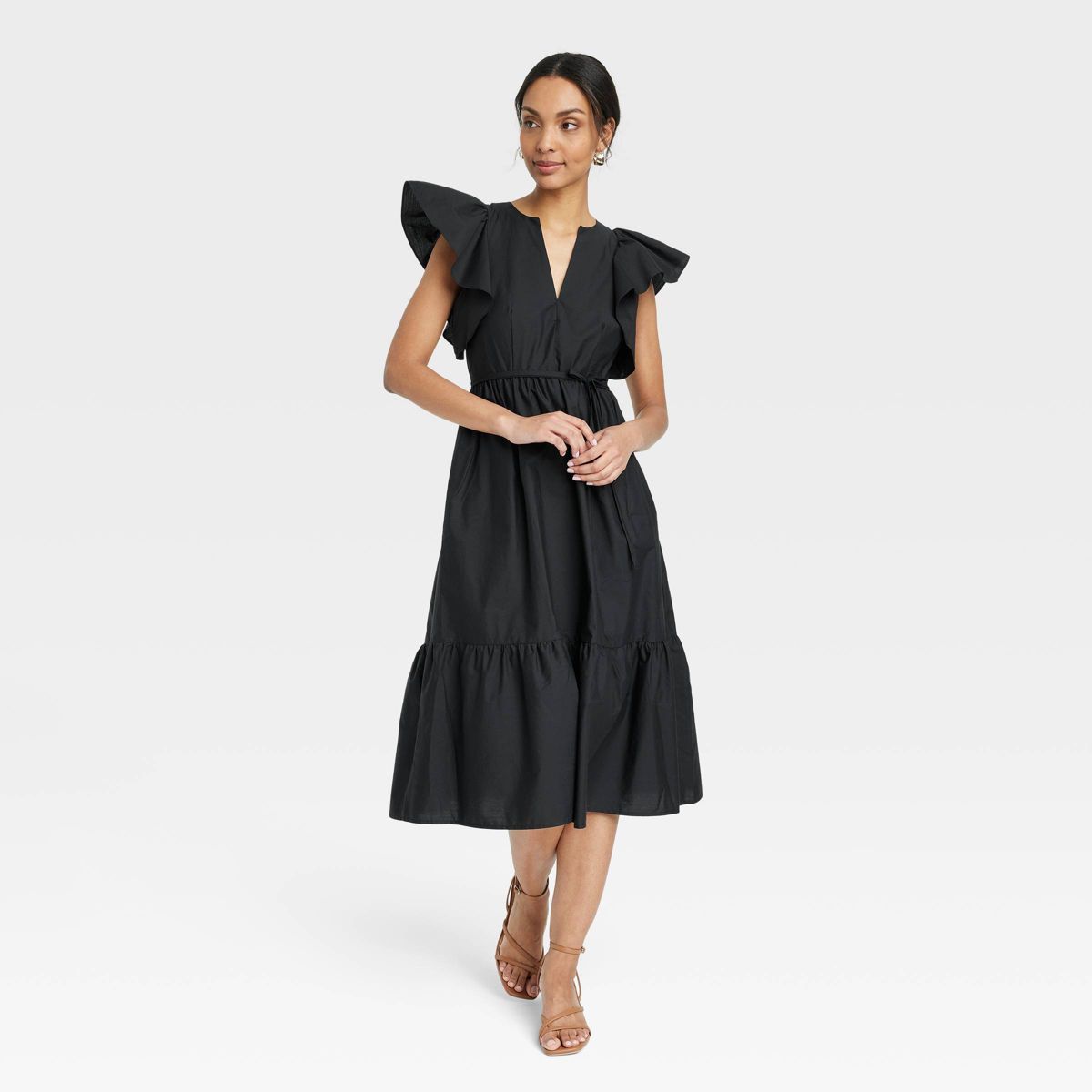 Women's Flutter Short Sleeve Poplin Tiered Midi Dress - A New Day™ Black M | Target