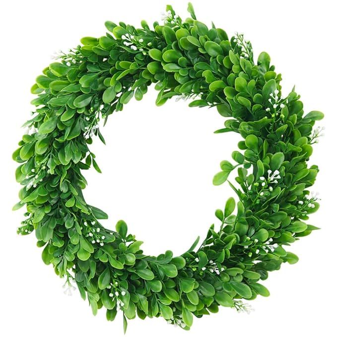 ElaDeco 15" Faux Boxwood Wreath Artificial Green Leaves Wreath for Front Door Wall Hanging Window... | Amazon (US)