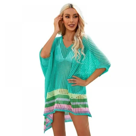 Xmarks Women s Crochet Beach Bikini Cover Up Colorful Strip V Neck Drop Shoulde Short Sleeve Loose W | Walmart (US)