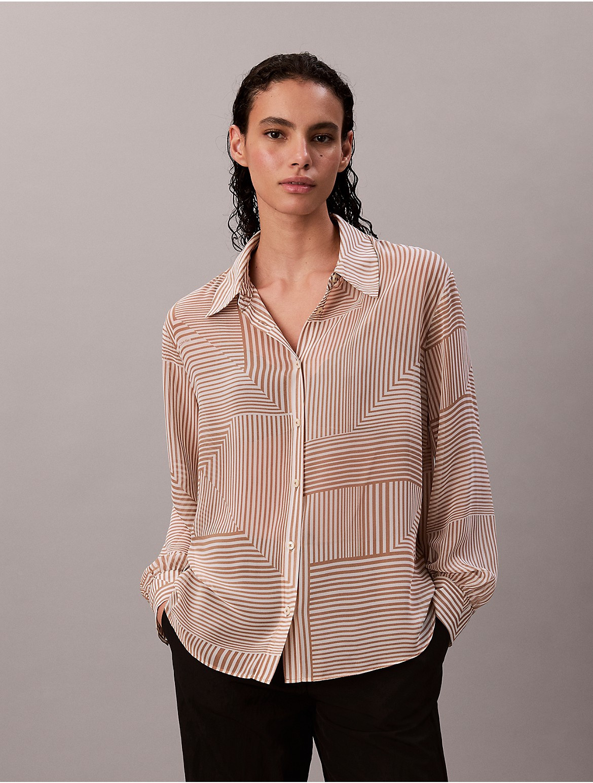 Calvin Klein Women's Chiffon Printed Classic Button-Down Shirt - Brown - M | Calvin Klein (US)