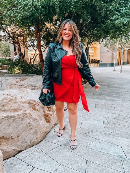 Date night or holiday party cocktail dresses in red! Red special occasion dress wearing a size 14 - moto jacket xl 

#LTKcurves #LTKSeasonal #LTKHoliday