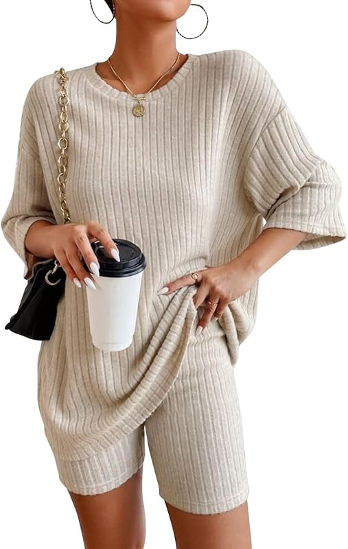 Womens Pajamas 2 Piece Lounge Sets Ribbed Knit Matching Outfits T-shirt Biker Shorts Sleepwear Lo... | Amazon (US)