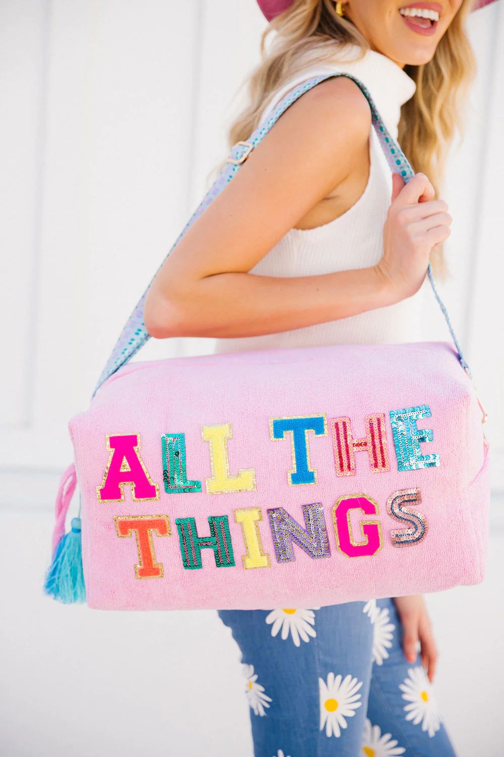 ALL THE THINGS LARGE PINK TERRY CLOTH BAG | Judith March