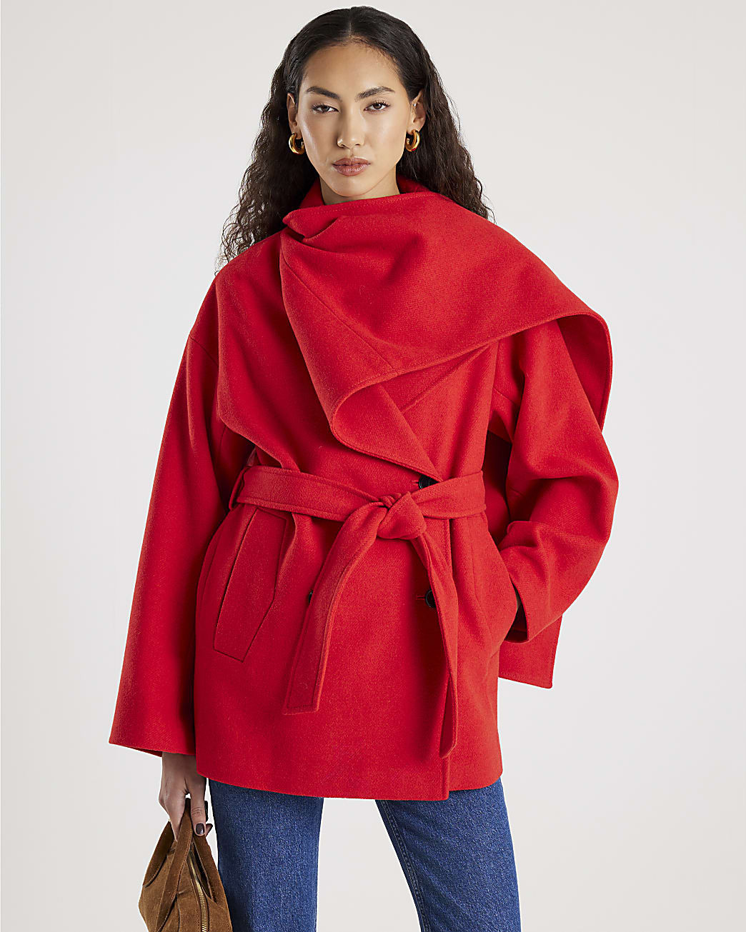 Red Wool Blend Mid Length Scarf Coat | River Island UK & IE