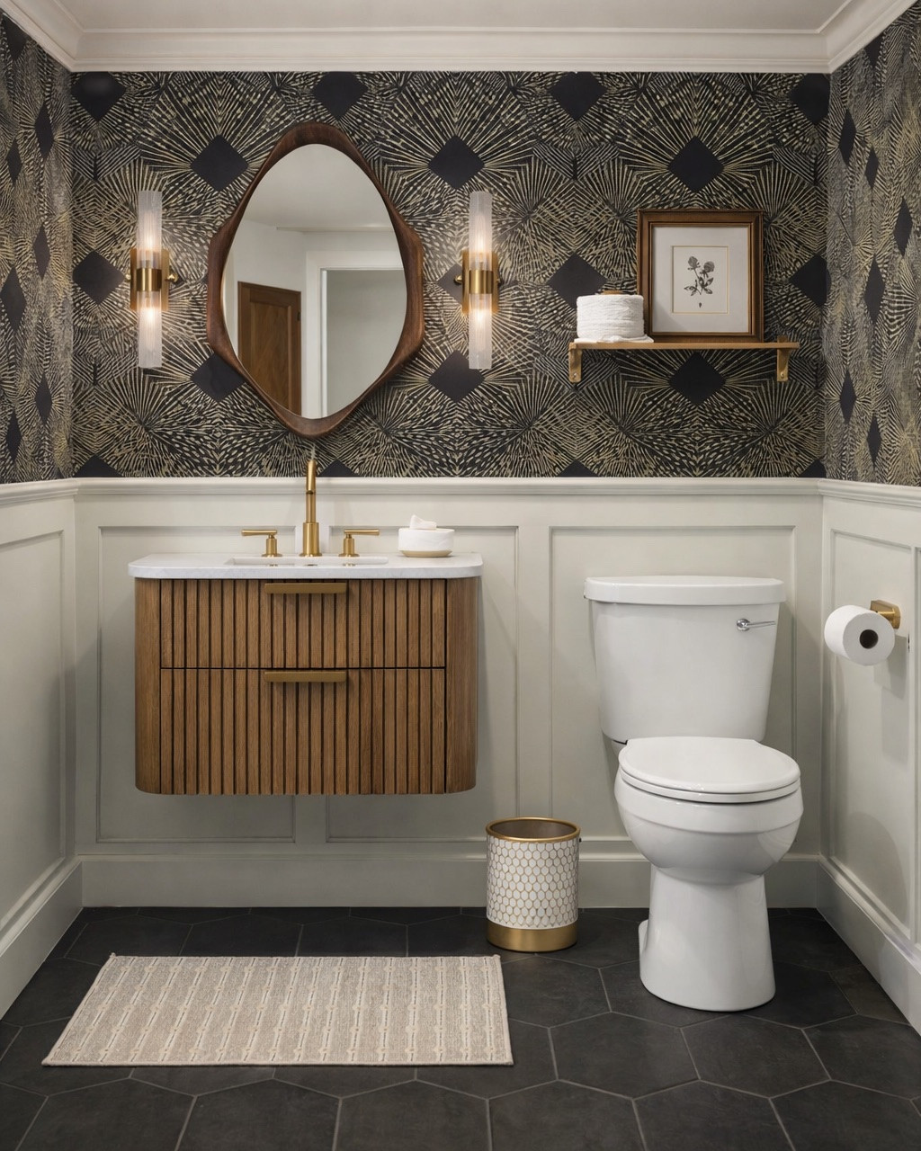 Half bathroom mood board! Powder room design inspiration. Bathroom vanity, bath rug, curvy mirror, wall sconces, Kohler faucet, affordable Walmart wall art. #halfbath #homedecor

#LTKSeasonal #LTKHome #LTKmomlife