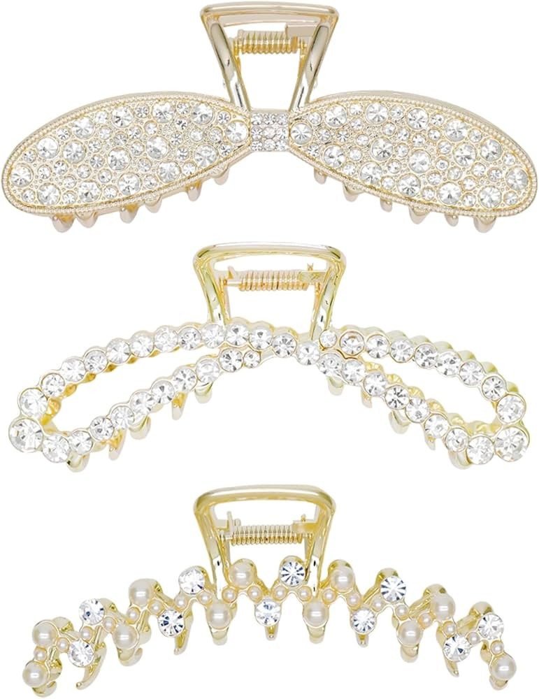 Metal Rhinestone Hair Claw Clips Large Size Imitation Pearl Hair Jaw Clips Crystal Hair Clasps Ac... | Amazon (US)