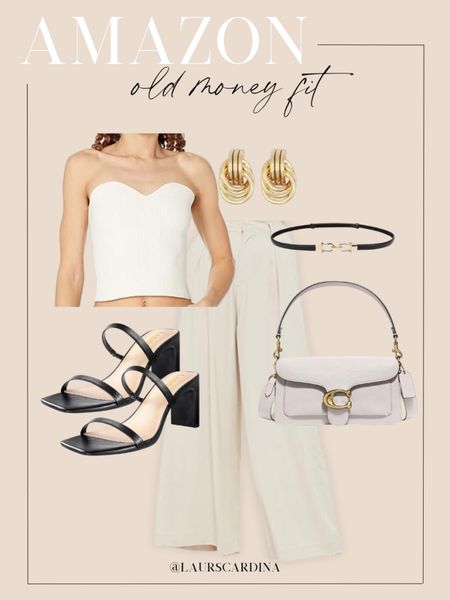 This old money fit includes a strapless white top paired with off-white trousers, a black belt, black strappy heeled sandals, a Coach purse, and gold earrings.

ootd, spring outfit, summer outfit, date night, resort wear

#LTKstyletip #LTKshoecrush #LTKfindsunder50