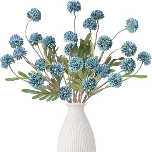 AMORISE 5pcs Faux Flowers for Vase,Bulk Artificial Flowers with Stems,Mini Fake Silk Mums for DIY Wedding Centerpieces Bouquet Floral Arrangements Vase Fillers Home Decorations,Blue | Amazon (US)