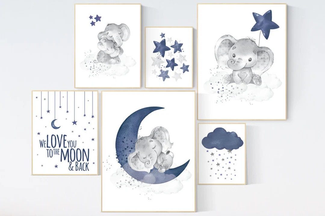 Nursery decor boy elephant, nursery wall art boy, navy Blue, moon and stars, navy nursery, boy nu... | Etsy (US)