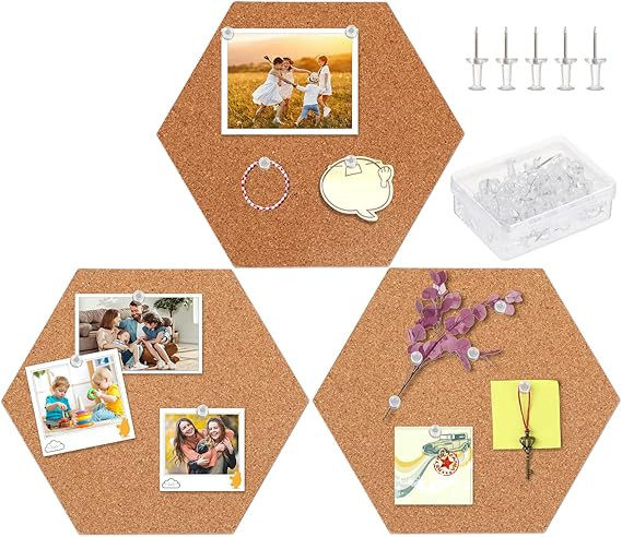 3 Pack Self-Adhesive Cork Board Tiles Hexagonal Cork Board Mini Wall Bulletin Board with 50 Multi... | Amazon (US)