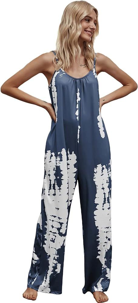 OYOANGLE Women's Tie Dye Spaghetti Strap Cami Jumpsuit Wide Leg Pants Romper with Pockets | Amazon (US)