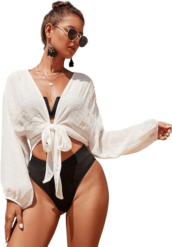 Verdusa Women's Tie Front Long Sleeve Swimsuit Kimono Cover Up Wrap Blouse Top | Amazon (US)