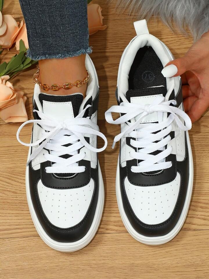 Sporty Skate Shoes For Women, Two Tone Lace-up Front Sneakers | SHEIN