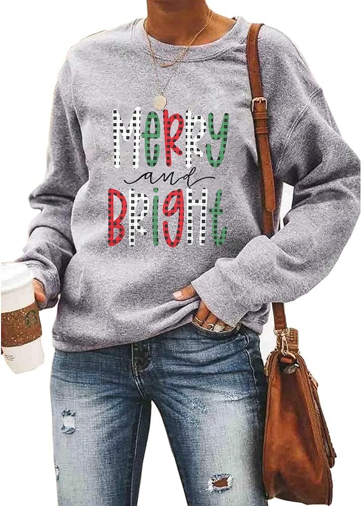 Christmas Sweatshirts for Women Merry Bright Graphic Print Long Sleeve Shirts Christmas Crewneck ... | Amazon (US)