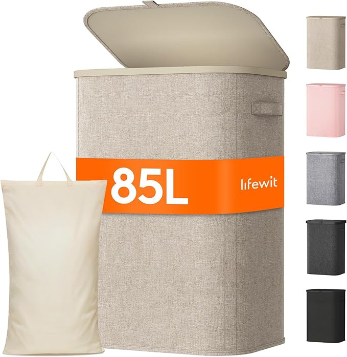 Lifewit 85L Laundry Basket with Lid, Large Laundry Hamper with Plastic Handles and Removable Bag,... | Amazon (UK)