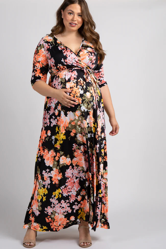 Black Floral Sash Tie Plus Maternity/Nursing Maxi Dress | PinkBlush Maternity