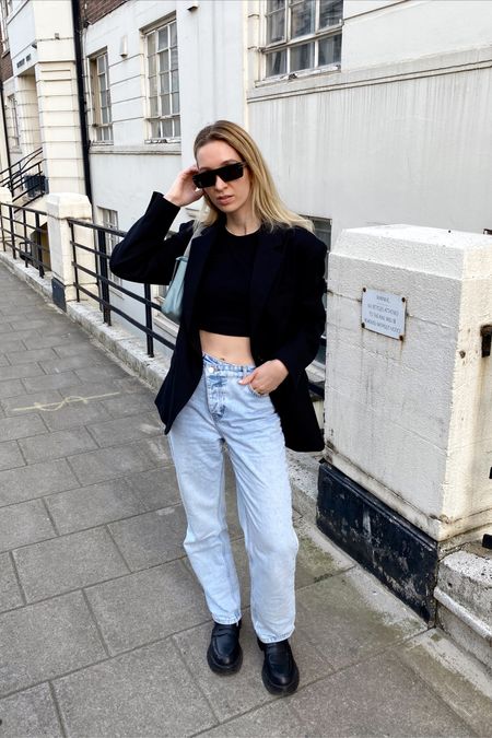 Minimal street style, easy outfit, everyday style, outfit inspiration, clean girl aesthetic, oversized blazer, wide leg jeans, black cropped vest top, loafers, Nike socks, Prada nylon bag, diorsignature rectangular sunglasses 

#LTKstyletip #LTKfit