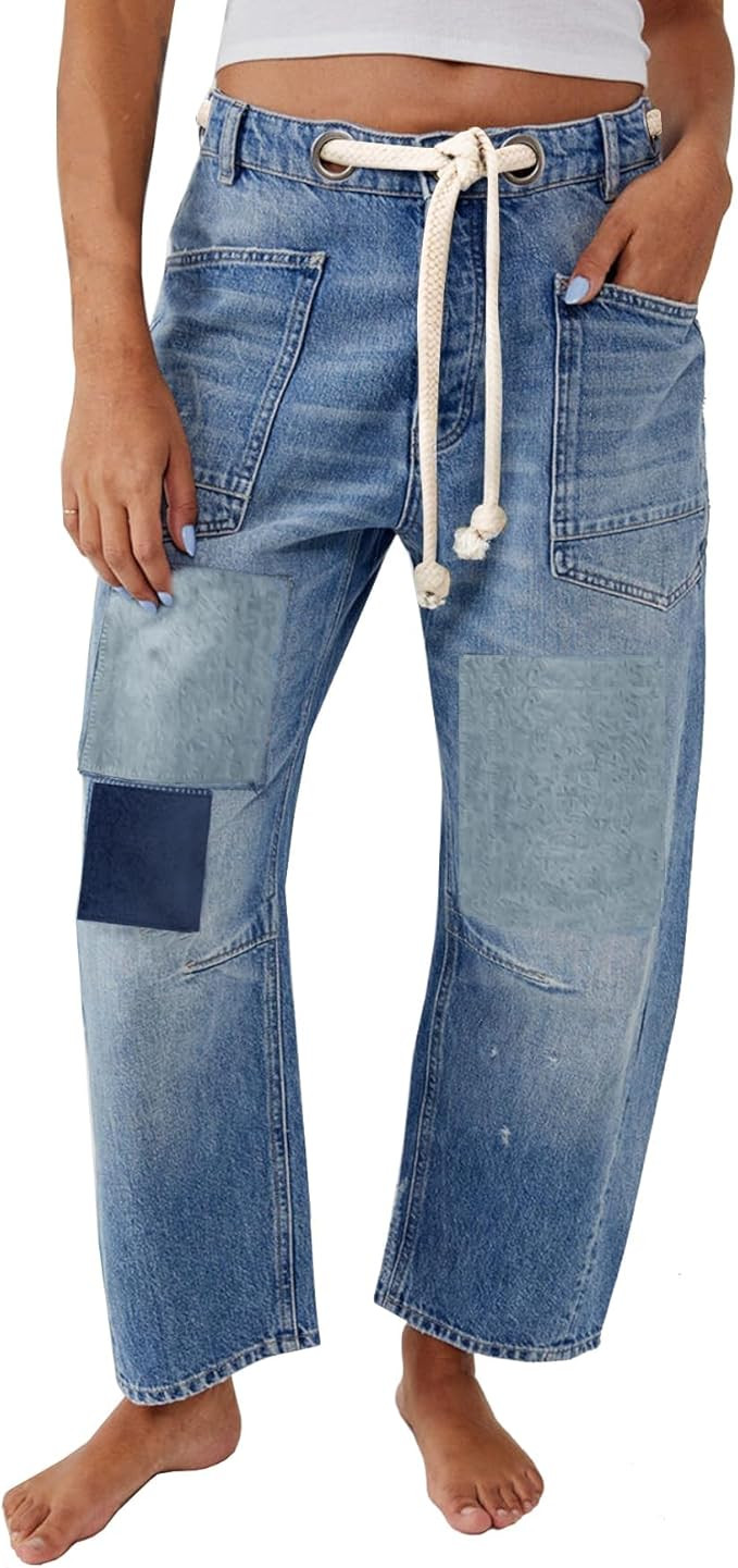 Kedera Womens Baggy Barrel Horseshoe Jeans Wide Leg Patchwork Low Rise Drawstring Denim Pants wit... | Amazon (US)