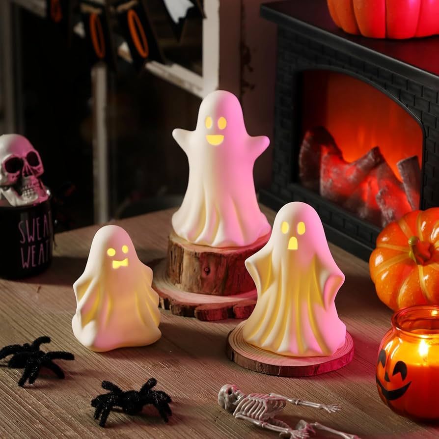 Maracco 3 Pcs Halloween Ceramic Ghost Light Up, Halloween Ghost Decor, Little White Ghost Figurin... | Amazon (US)