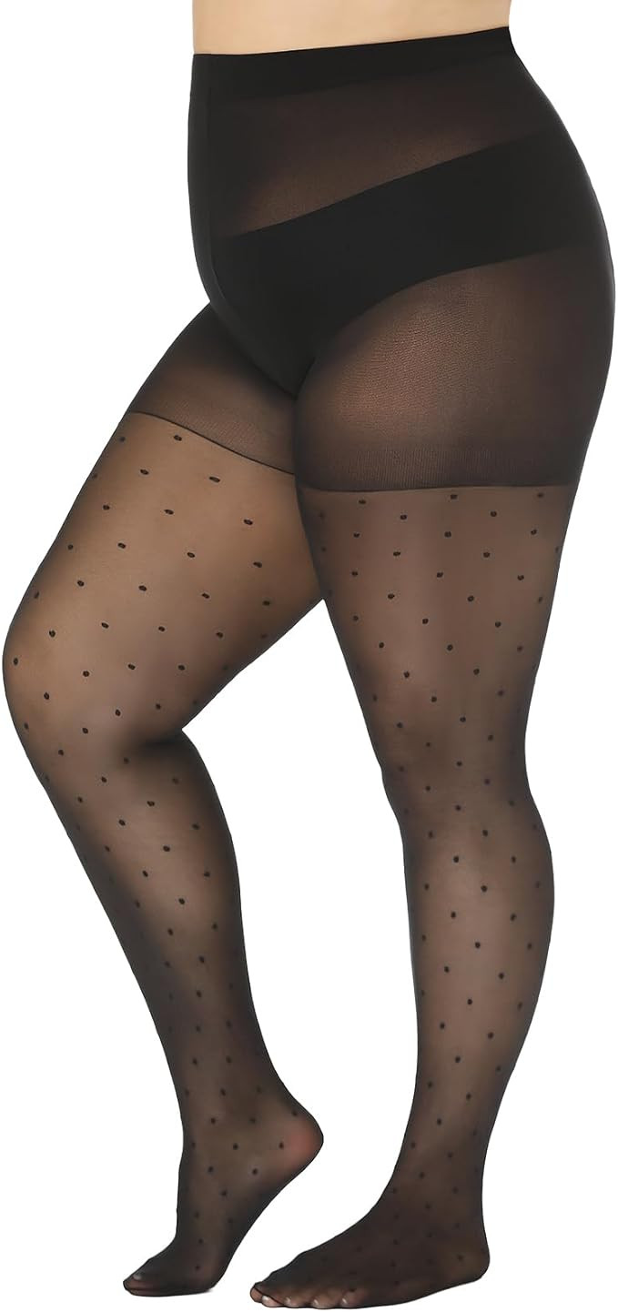 Polka Dot Plus Size Tights for Women, 40D Patterned Tights, High Waist Control Top Black Sheer Pa... | Amazon (US)