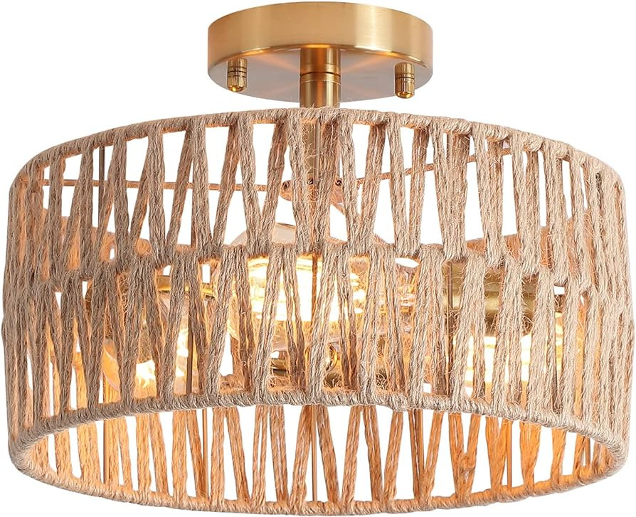 3-Light Antique Gold Woven Flush Mount Light Fixture Rustic Coastal Hemp Rope Brass Semi Flush Mo... | Amazon (US)