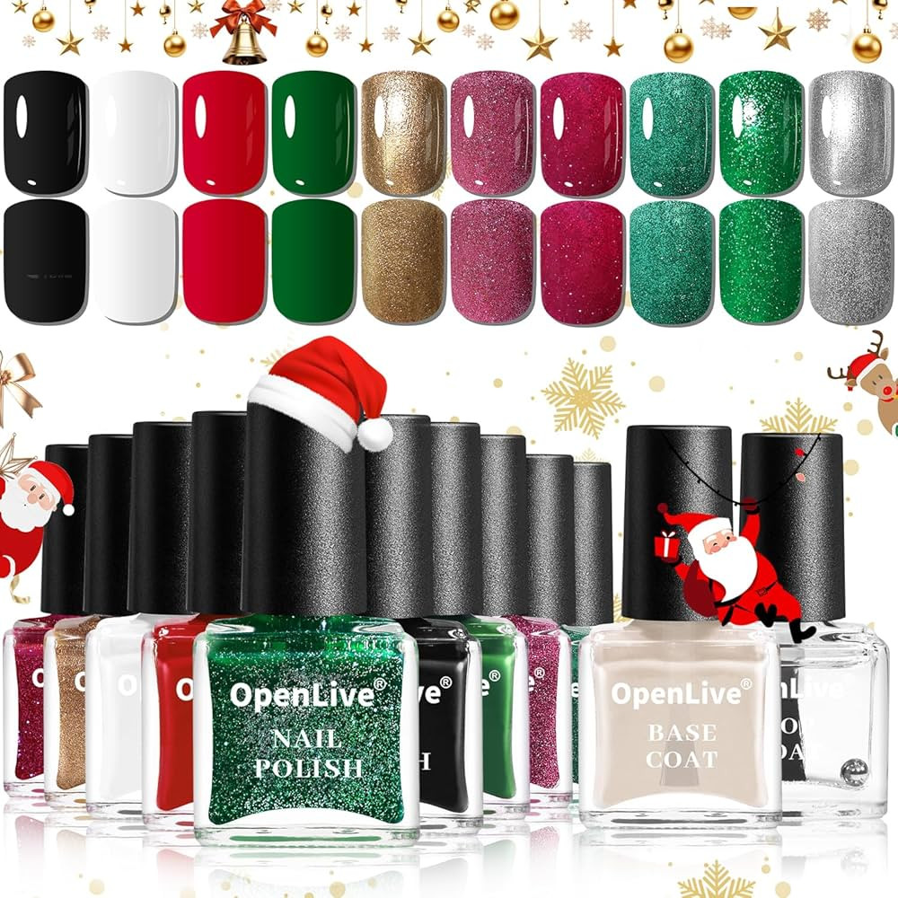 Christmas Nail Polish Set 10 Colors and Base Coat and Top Coat Red Green Glitter Gold Silver Nail... | Amazon (US)