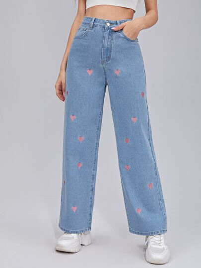 SHEIN Zipper Fly Embroidery Heart Wide Leg Jeans | SHEIN