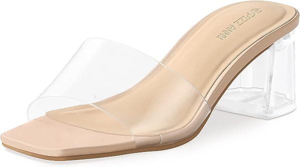 PIZZ ANNU Women's Square Open Toe Heels Sandals Low Block Chunky Heeled Sandal Slip on Mules Comfortable Casual Dress Pumps Shoes | Amazon (US)