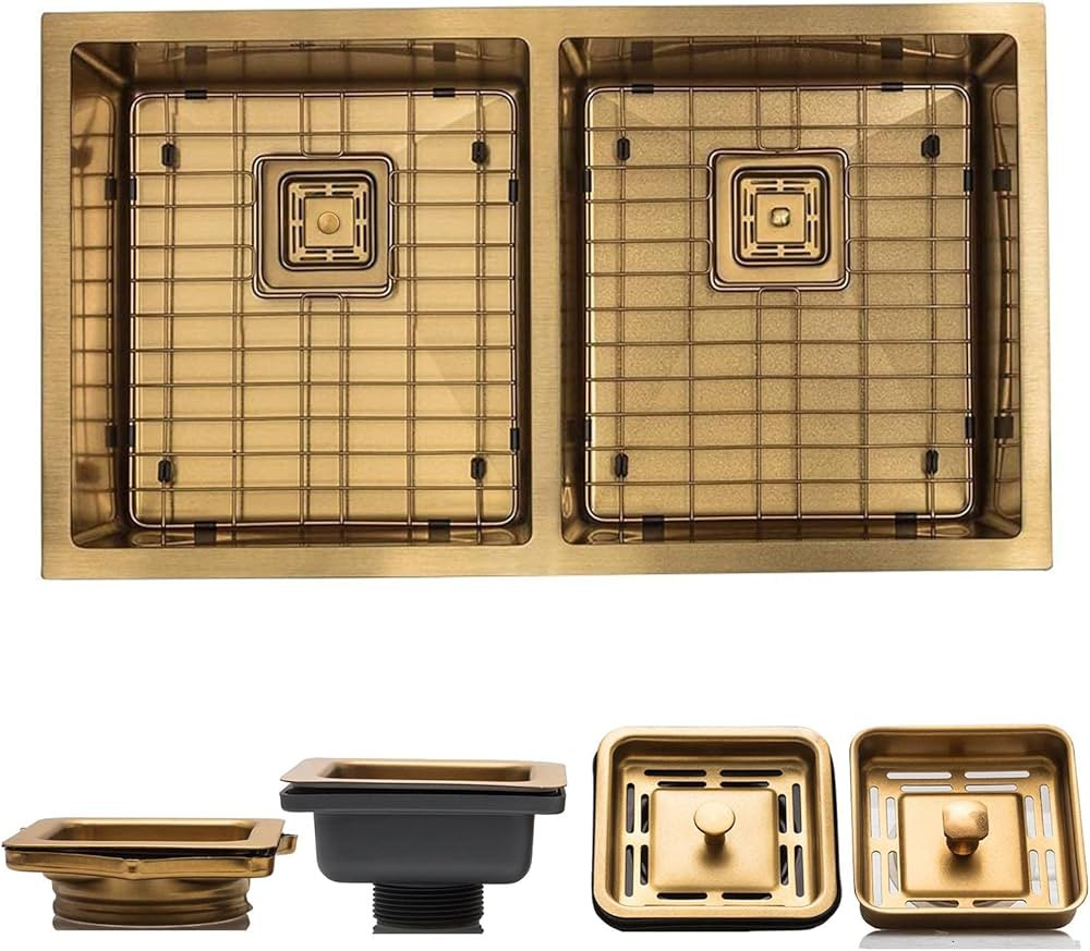 Strictly Sinks 32 Inch Undermount Double Bowl Kitchen Sink – Gold Designer Shelf Accessory 16 G... | Amazon (US)