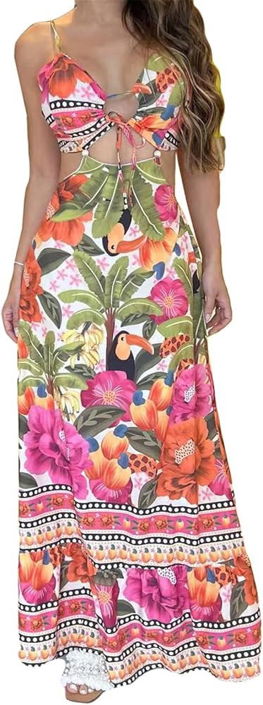 Women's Sexy Sleeveless Lace Up Printed Bodycon Cocktail Party Holiday Dress | Amazon (US)