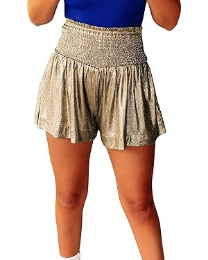GUOLEZEEV Women Sequin Shorts Smocked High Waisted Flowy Shorts Glitter Sparkly Metallic Shorts | Amazon (US)