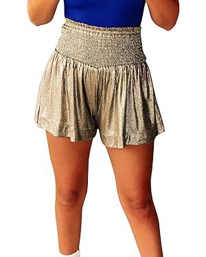 GUOLEZEEV Women Sequin Shorts Smocked High Waisted Flowy Shorts Glitter Sparkly Metallic Shorts | Amazon (US)