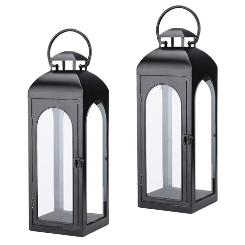 Bdor 2 Pack Luxury Black Metal Lanterns – 16" Tall Modern Hurricane Candle Lanterns with Tempered Glass Panels for Front Porch, Tabletop, Mantel, Wall Hanging, Garden, Indoor & Outdoor Décor | Amazon (US)