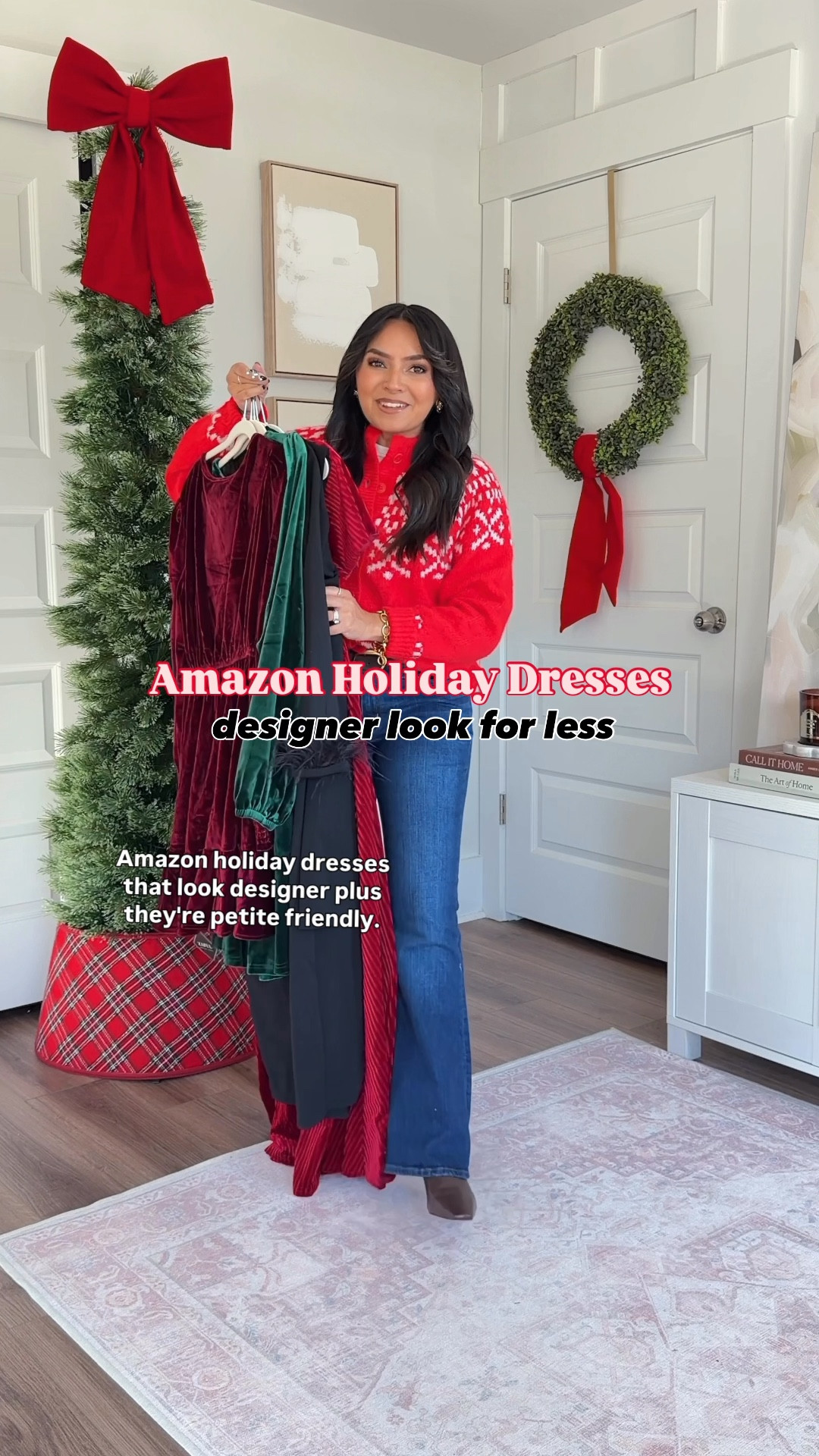 Amazon Holiday Dresses!
For reference: I’m 5’0, 32b bra size, and 2/26 in bottoms, pear shaped. 
*Everything I share is unaltered! TTS means true to size. Between size 5-6.6 in shoes

Black bow front sleeveless mini dress size small TTS
Black tights size small TTS
Black platform heels - old, similar linked

Burgundy wine red velvet long sleeve dress size small TTS
Black tights size small TTS
Black heels size 5 TTS

Black feather trim sleeve midi dress size black TTS
Gold heels size 5 TTS

Black dress with white bows short sleeves size small TTS
Black tights size small TTS
Black platform heels - old, similar linked

Wine red velvet maxi dress size small TTS
Clear rhinestone heels - old, similar linked




holiday dresses amazon
christmas dresses amazon
Amazon holiday outfits
amazon christmas party dresses
nye dresses amazon
new years eve dresses amazon
amazon party dresses
holiday party dresses amazon
christmas outfit ideas amazon
amazon festive dresses
nye outfit ideas amazon
amazon sequin holiday dress
holiday cocktail dresses amazon
christmas eve dresses amazon
amazon winter party outfits
Christmas show
petite friendly pieces
Rachel Miranda Blog
Honeysweetpetite
#LTKStyleTip

Comment SHOP below to receive a DM with the link to this post on my LTK ⬇ https://liketk.it/5y5xF #ltkholiday #ltkgiftguide

#LTKFindsUnder100 #LTKPetite #LTKHoliday