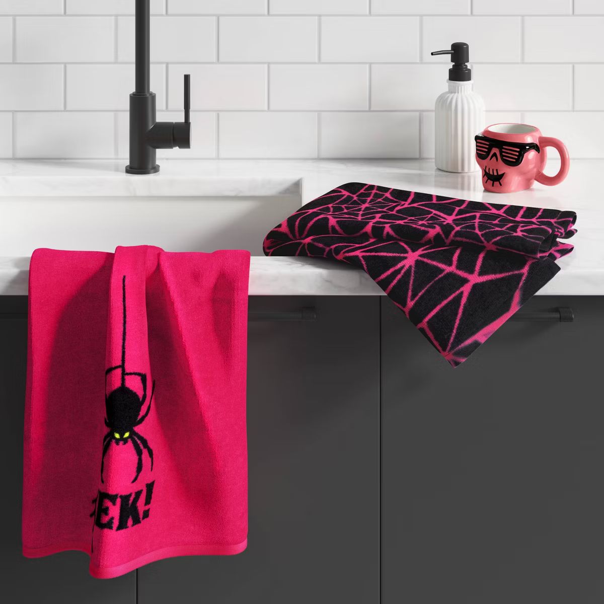 2pk Halloween Kitchen Terry Towels Spider EEK & Web Pink - Hyde & EEK! Boutique™ | Target