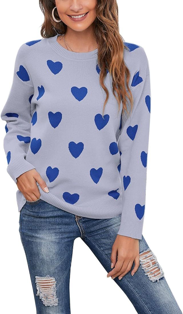 shermie Women's Cute Heart Knitted Sweaters Long Sleeve Crew Neck Pullover Sweater | Amazon (US)