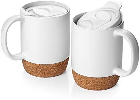 DOWAN Coffee Mugs Set of 2, 15 OZ Ceramic Mug with Insulated Cork Bottom and Splash Proof Lid, Large | Amazon (US)