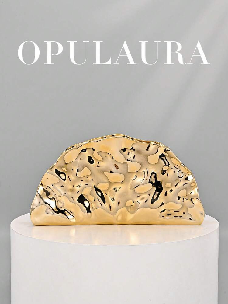 OpulAura Vintage Seashell Textured Metallic Clutch Bag, Glittery Gold Party Dress Accessory, Asymmetric Design With Magnetic Closure, Perfect For Parties, Weddings, Proms, Galas. Suitable For Women To Use At Birthday Parties, Weddings And Dance Events, Comes With Detachable Chain Strap. | SHEIN