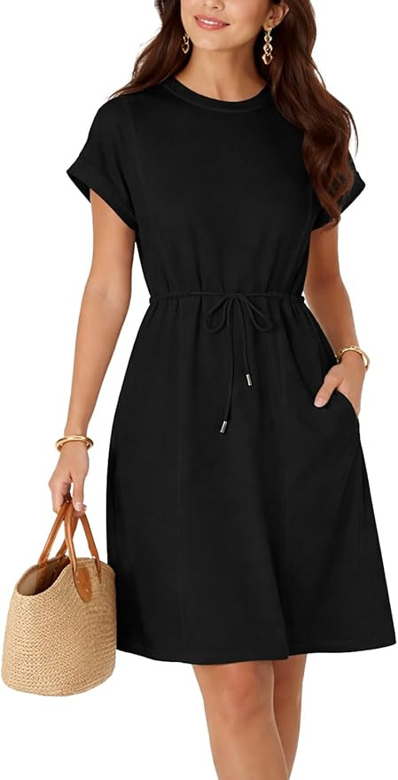 YUNDAI Women’s Casual Drawstring Waist Mini Dress with Pocket Short Sleeve Summer T-Shirt Dress | Amazon (US)