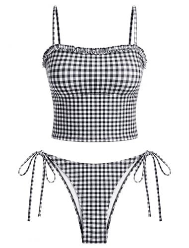 ZAFUL Women's Tankini Swimsuits Ruffles High Cut Swimwear Striped Tie Back Knot Two Piece Cheeky Bathing Suit | Amazon (US)