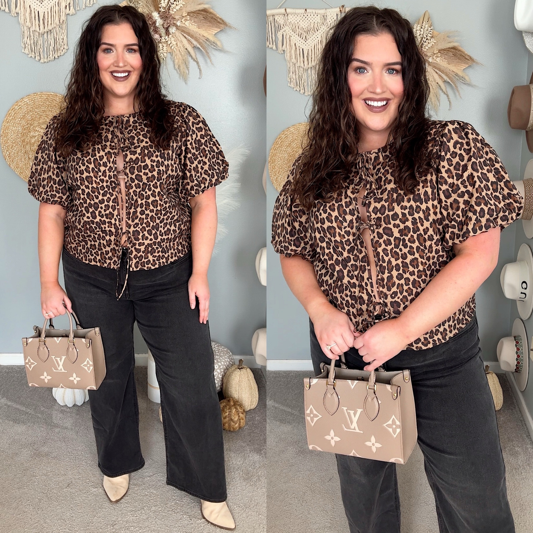 Date night outfit inspo 🥂 Leopard print front tie puff sleeve top, black jeans + booties 
Top: XL
Jeans: 18

#LTKSeasonal #LTKStyleTip #LTKPlusSize