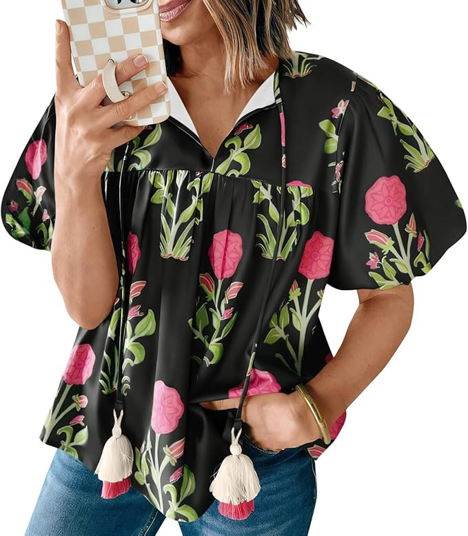 Cicy Bell Womens Boho Floral Blouses Short Puff Sleeve V Neck Babydoll Shirts Flowy Tie Front Top... | Amazon (US)