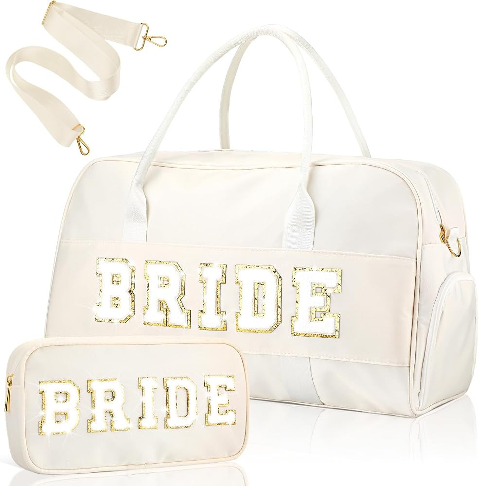 2 Pcs Bride Bag Gifts,Wedding Weekender Duffle Bag Women White Tote Chenille Letter Patch for Bri... | Amazon (US)