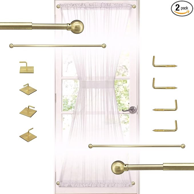 French Door Curtain Rods - 2 Pack, Adjustable 16-28 Inch, No Drill Adhesive or Screw Mount, Brass... | Amazon (US)