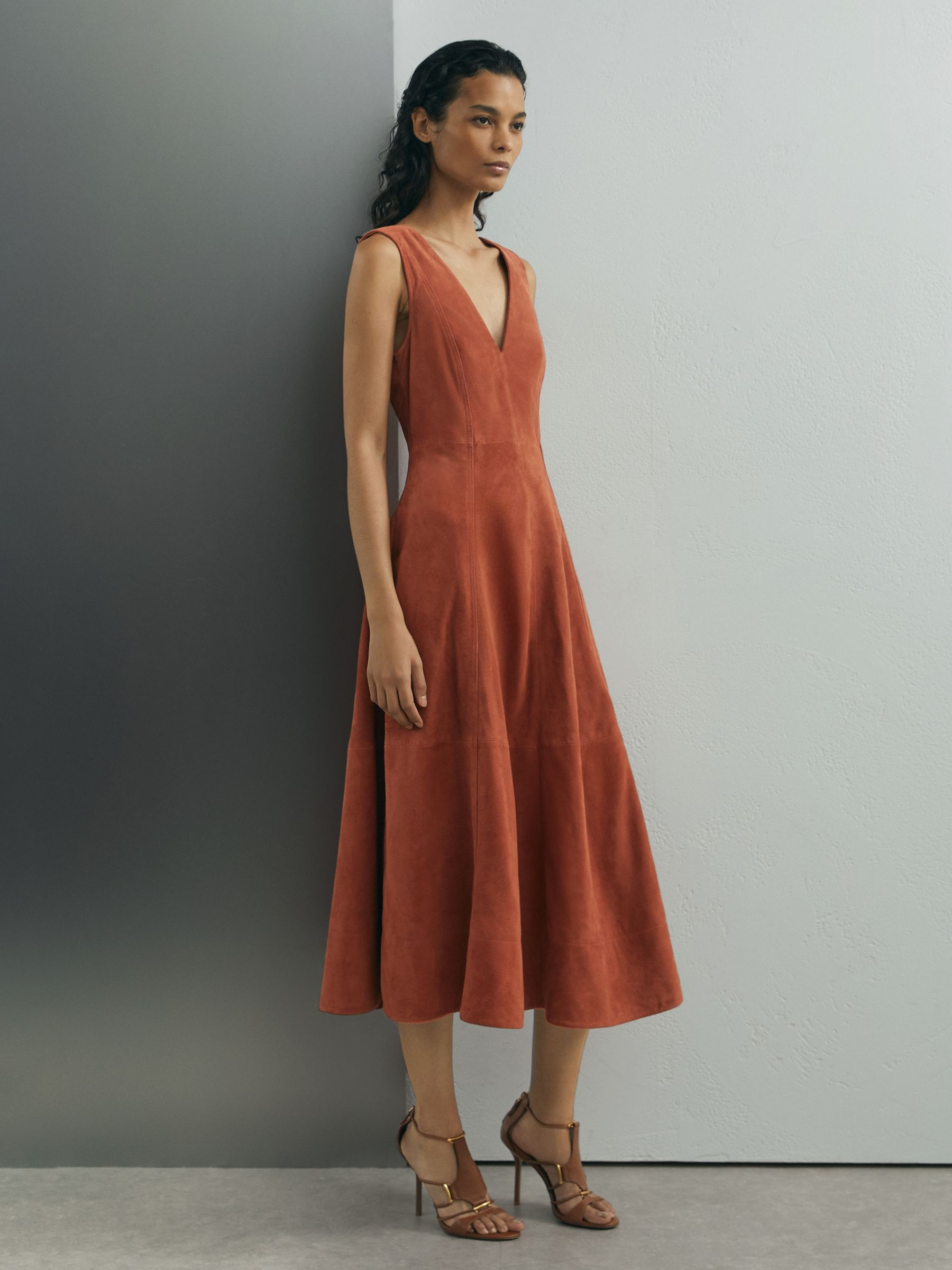 Reiss Atelier Suede Sleeveless Midi Dress in Rust - REISS | Reiss UK